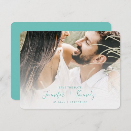 Minimale witte bekleding Aqua Script & foto Save The Date (Voorkant / Achterkant)