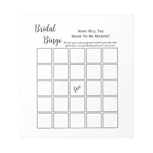 Minimale witte bruidsdouche-bingospel-feestje spel notitieblok (Voorkant)