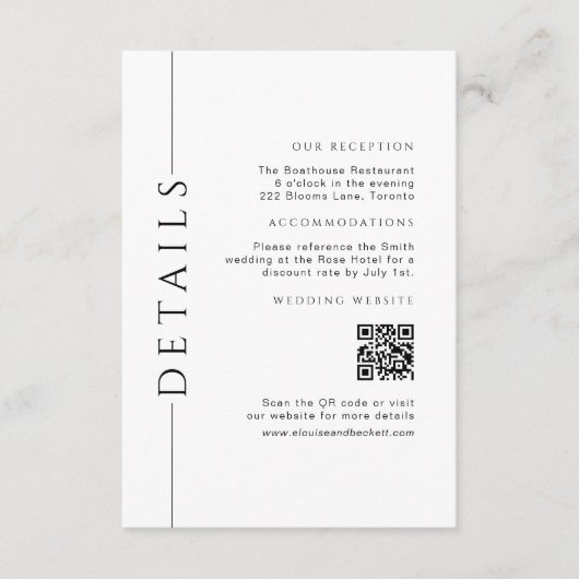Minimale witte bruiloft details QR-code invoegen Informatiekaartje (Voorkant)