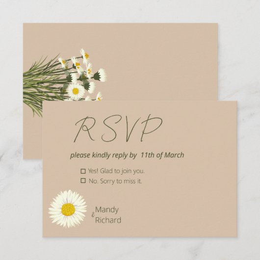 Minimale Witte Daisy Bloemen op Beige Achtergrond  RSVP Kaartje (Voorkant / Achterkant)