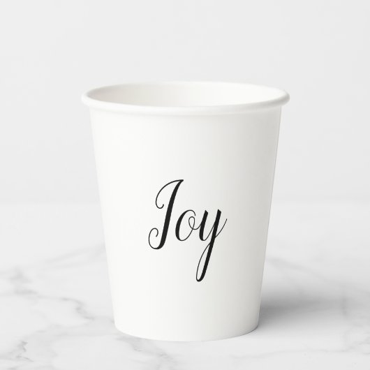 minimale witte elegante tekst bij Joy Holiday Papieren Bekers (Achterkant)