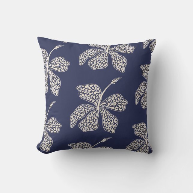 Minimale Witte Hibiscus Bloemige Navy Blauwe Desig Kussen (Voorkant)
