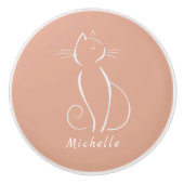 Minimale witte kat op roze voeg de naam keramische knop (Voorkant)