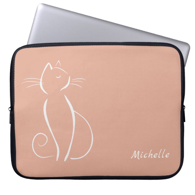 Minimale witte kat op roze voeg naam toe laptop sleeve (Voorkant)