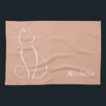 Minimale witte kat op roze voeg naam toe theedoek<br><div class="desc">Minimale witte kat op een roze keukenhanddoek op de achtergrond. Pas deze elegante keukenhanddoek aan met jouw naam.</div>