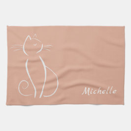 Minimale witte kat op roze voeg naam toe theedoek