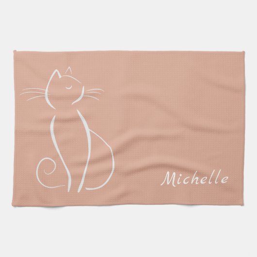 Minimale witte kat op roze voeg naam toe theedoek (Horizontaal)