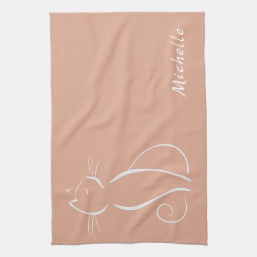 Minimale witte kat op roze voeg naam toe theedoek (Verticaal)