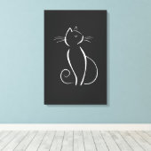 Minimale witte kat op zwart canvas afdruk (Insitu (Houten vloer))