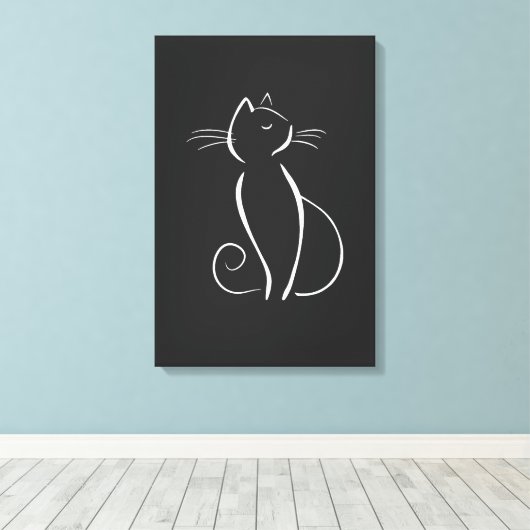 Minimale witte kat op zwart canvas afdruk (Insitu (Houten vloer))