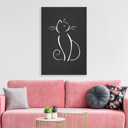 Minimale witte kat op zwart canvas afdruk (Insitu (Woonkamer))