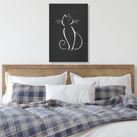 Minimale witte kat op zwart canvas afdruk (Insitu (Slaapkamer))