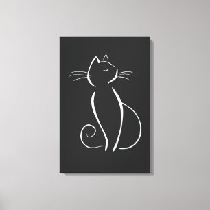 Minimale witte kat op zwart canvas afdruk