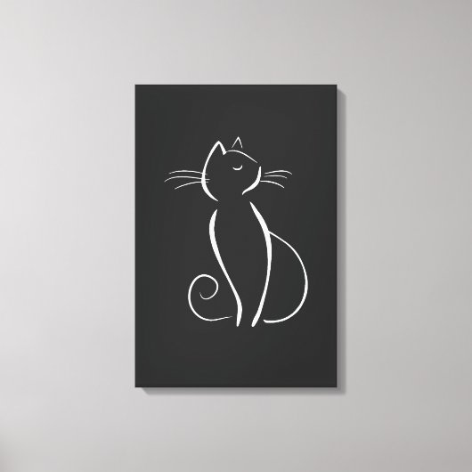 Minimale witte kat op zwart canvas afdruk (Voorkant)