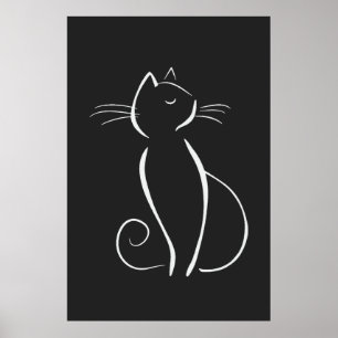 Minimale witte kat op zwart poster