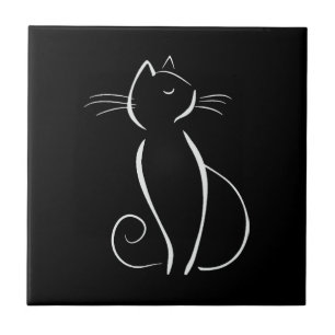 Minimale witte kat op zwart tegeltje