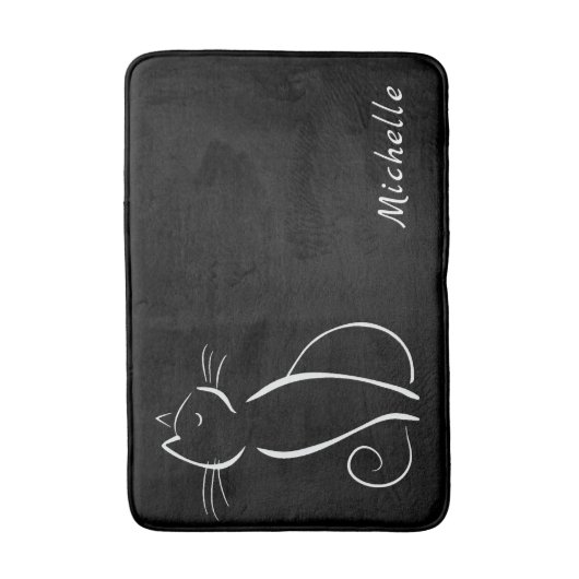 Minimale witte kat op zwart, voeg naam toe badmat (Voorkant Verticaal)