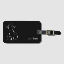 Minimale witte kat op zwart, voeg naam toe bagagelabel
