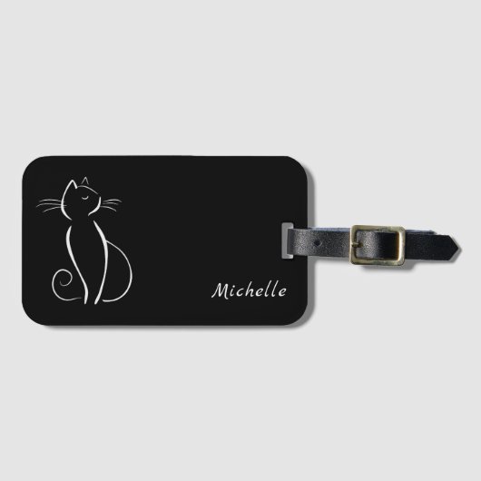 Minimale witte kat op zwart, voeg naam toe bagagelabel (Voorkant (horizontaal))