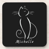 Minimale witte kat op zwart, voeg naam toe bier onderzetter (Voorkant)