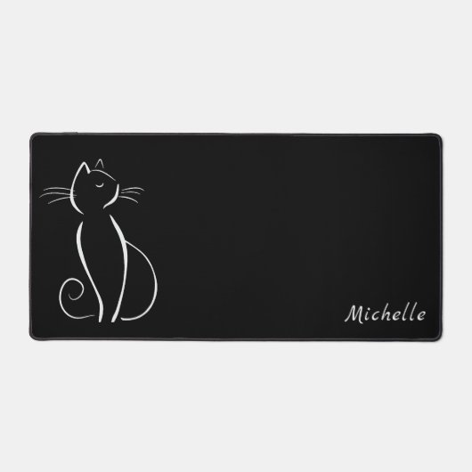Minimale witte kat op zwart, voeg naam toe bureaumat (Voorkant)