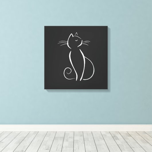Minimale witte kat op zwart, voeg naam toe canvas afdruk (Insitu (Houten vloer))