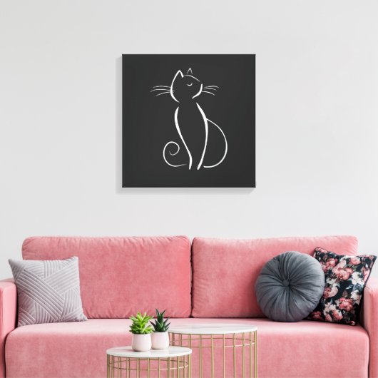 Minimale witte kat op zwart, voeg naam toe canvas afdruk (Insitu (Woonkamer))