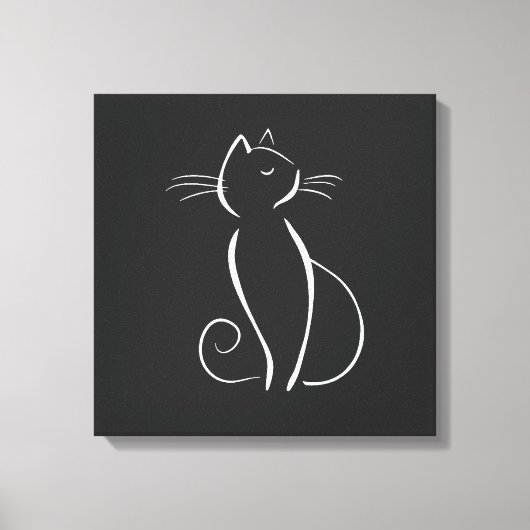 Minimale witte kat op zwart, voeg naam toe canvas afdruk (Voorkant)