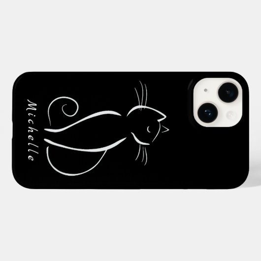 Minimale witte kat op zwart, voeg naam toe Case-Mate iPhone case (Achterkant (horizontaal))