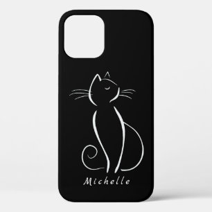 Minimale witte kat op zwart, voeg naam toe   Case-Mate iPhone case