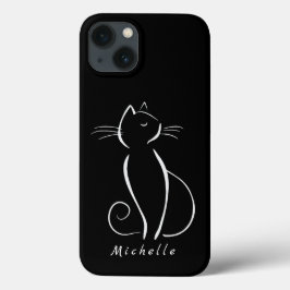 Minimale witte kat op zwart, voeg naam toe Case-Mate iPhone case