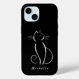 Minimale witte kat op zwart, voeg naam toe iPhone 15 case