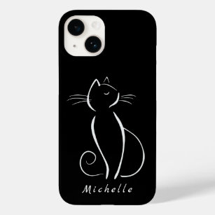 Minimale witte kat op zwart, voeg naam toe Case-Mate iPhone 14 hoesje