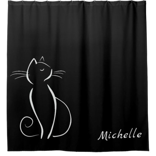 Minimale witte kat op zwart, voeg naam toe douchegordijn (Voorkant)
