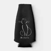 Minimale witte kat op zwart, voeg naam toe flesjeskoeler (Voorkant)