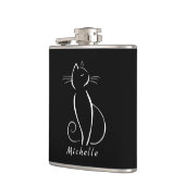 Minimale witte kat op zwart, voeg naam toe heupfles (Links)