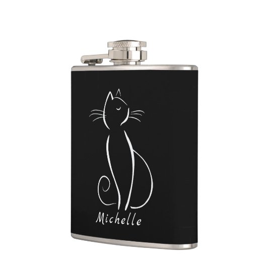 Minimale witte kat op zwart, voeg naam toe heupfles (Links)