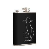 Minimale witte kat op zwart, voeg naam toe heupfles (Rechts)