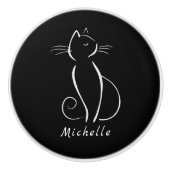 Minimale witte kat op zwart, voeg naam toe keramische knop (Voorkant)