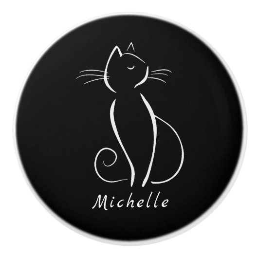 Minimale witte kat op zwart, voeg naam toe keramische knop (Voorkant)