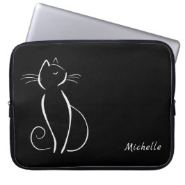 Minimale witte kat op zwart, voeg naam toe laptop sleeve
