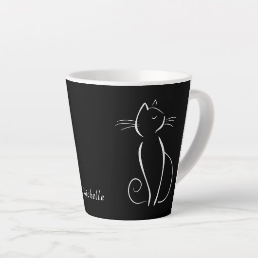 Minimale witte kat op zwart, voeg naam toe latte mok (Rechterhoek)