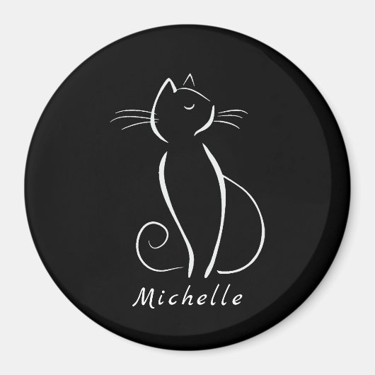 Minimale witte kat op zwart, voeg naam toe magneet (Voorkant)