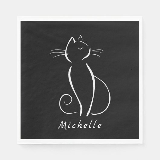 Minimale witte kat op zwart, voeg naam toe servet (Voorkant)