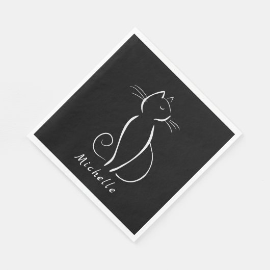 Minimale witte kat op zwart, voeg naam toe servet (Hoek)