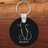 Minimale witte kat op zwart, voeg naam toe sleutelhanger (Voorkant)