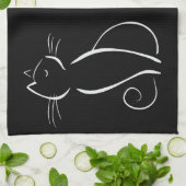 Minimale witte kat op zwart, voeg naam toe theedoek (Gevouwen)