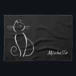 Minimale witte kat op zwart, voeg naam toe theedoek<br><div class="desc">Minimalistische witte kat op een keukenfornuis met een zwarte achtergrond. Pas deze elegante keukenhanddoek aan met jouw naam.</div>
