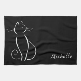 Minimale witte kat op zwart, voeg naam toe theedoek
