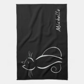 Minimale witte kat op zwart, voeg naam toe theedoek (Verticaal)